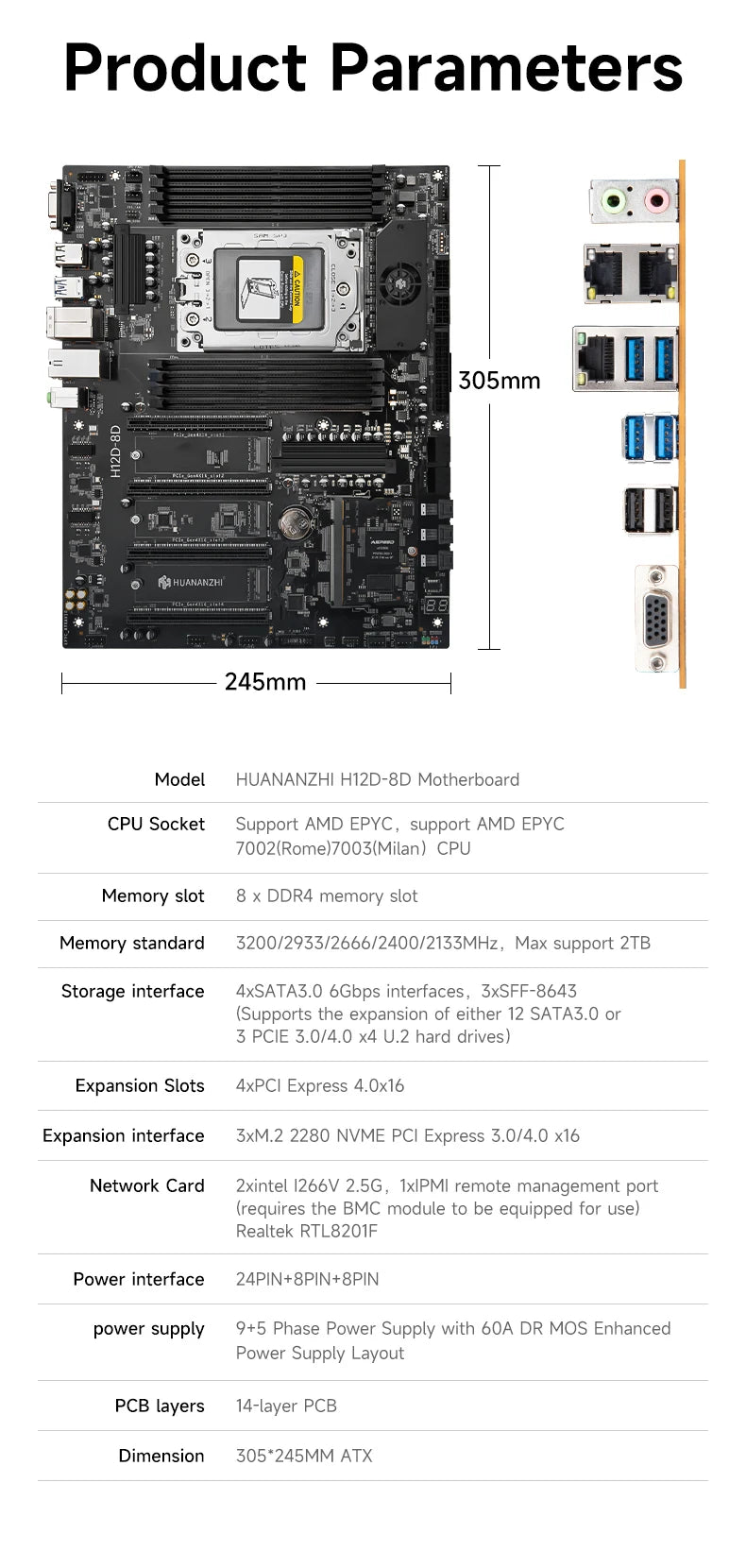 HUANANZHI H12D 8D AMD  Motherboard with BMC module support AMD EPYC 7002 7003 series CPU 8 channel memory Dual 2.5G network IPMI