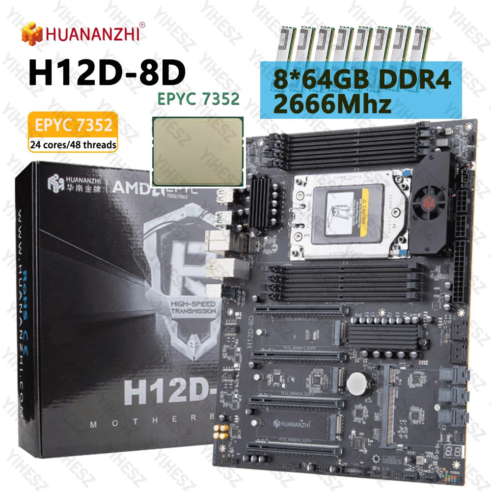 HUANANZHI H12D 8D Motherboard Set With AMD EPYC 7352 CPU 8*64GB DDR4 Support 8 Channel Memory Dual 2.5G Network IPMI BMC Module
