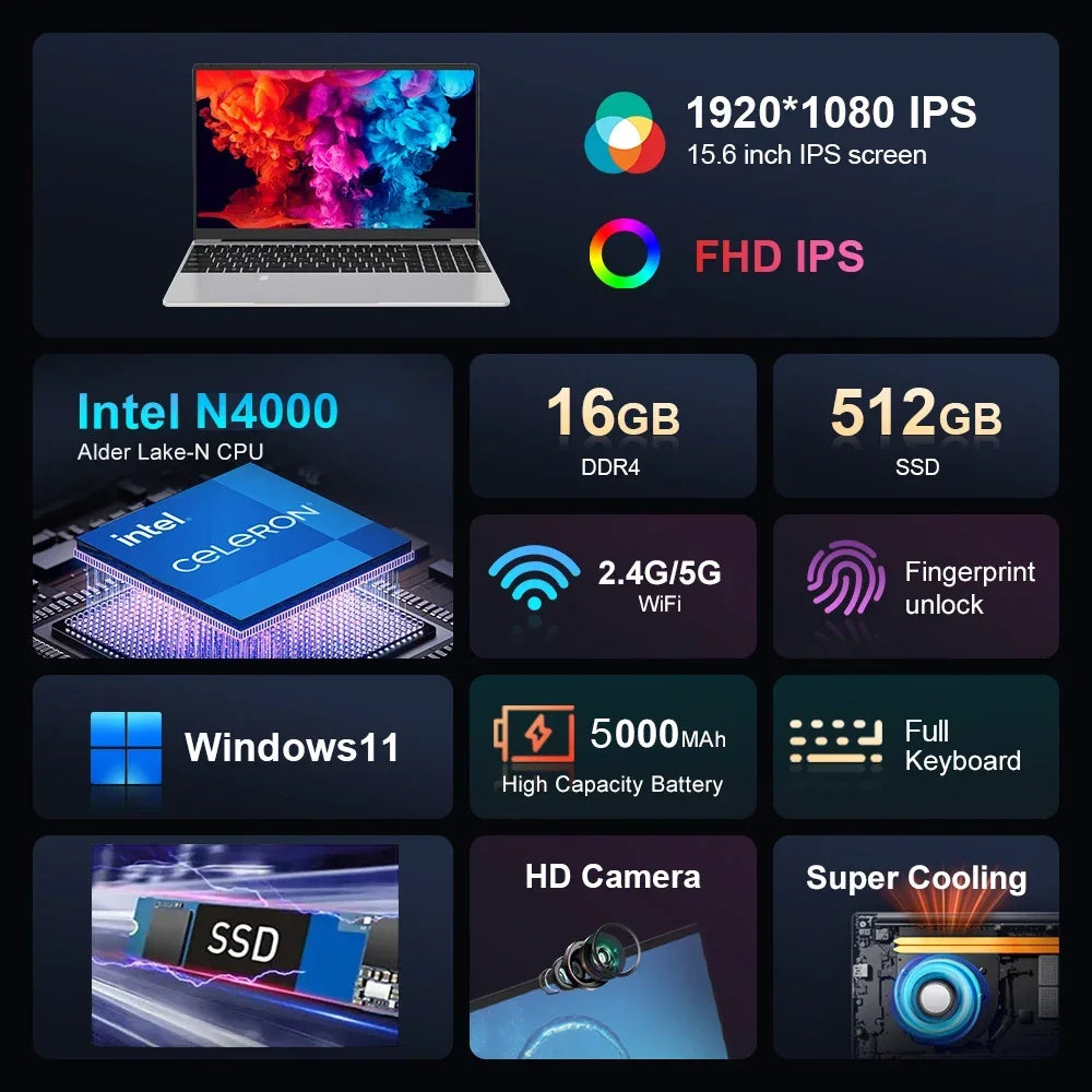 Intel N4000 Notebook PC Gamer 15.6" Ultra Slim Laptop Intel Celeron 16GB RAM 1TB 2TB SSD Office Study Computer PC Windows 11 Pro