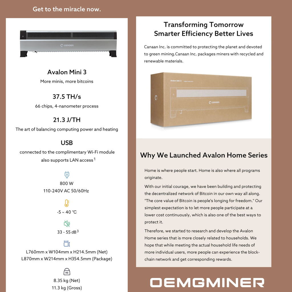 New Arrive Canaan Avalon Mini 3 37.5Th/s 800W BTC Miner Household Baseboard Heater That Can Generate Bitcoin Shipping on March