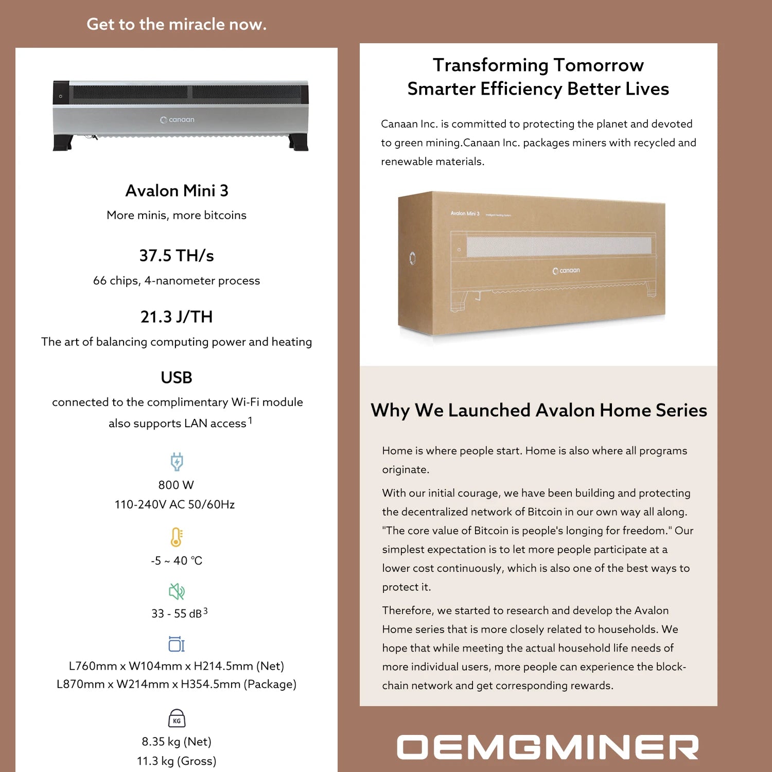 New Arrive Canaan Avalon Mini 3 37.5Th/s 800W BTC Miner Household Baseboard Heater That Can Generate Bitcoin Shipping on March