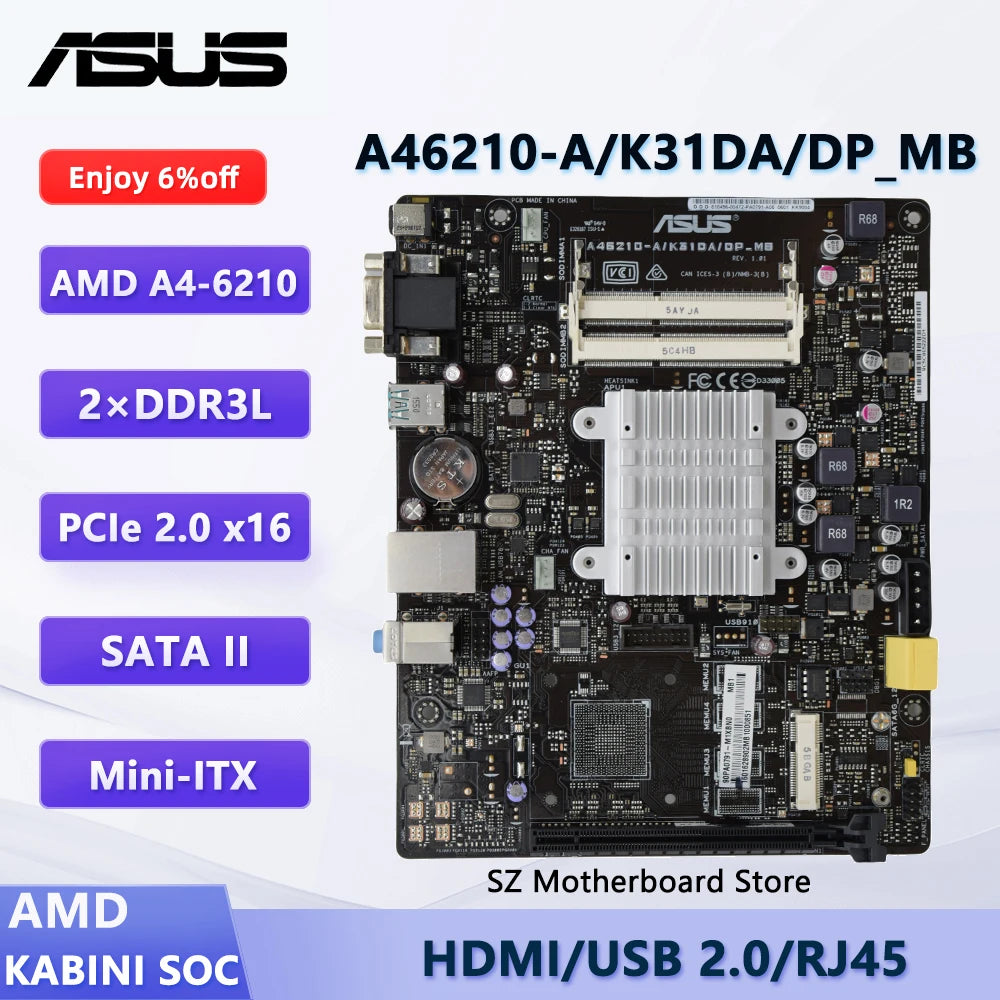 ASUS A46210-A/K31DA/DP_MB Desktop Motherboard AMD A4-6210 APU 1.8GHz, Radeon R3 Graphics, Low Power 15W, DDR3, SATA, Mini-ITX