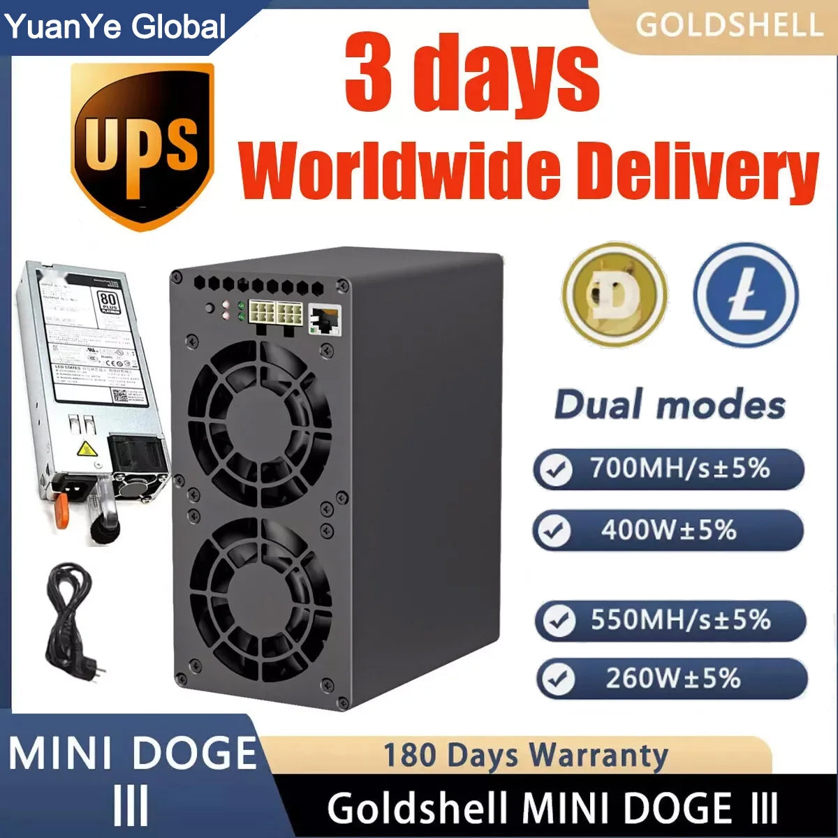 Goldshell MINI Doge Ⅲ LTC DOGE Coin Miner 550MH/s 700MH/s ±5% 260W 400W Low Power Consumption Dual Mode Scrypt Algorithm Doge 3