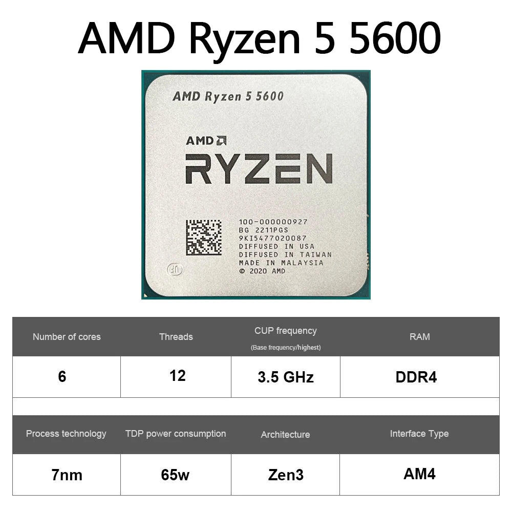 AMD R5 5600 Desktop CPUs 6 core 12 thread   Up to 4.4 GHz  AM4  DDR4 32 MB L3 Cache  Zen 3  5000 Series
