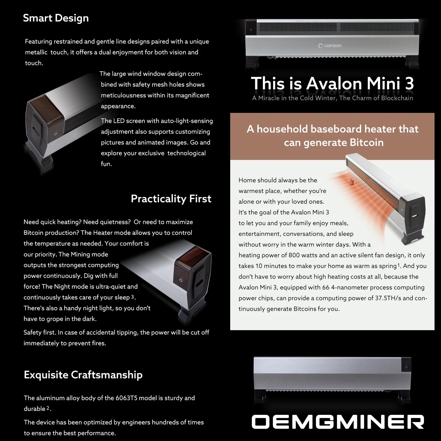 New Arrive Canaan Avalon Mini 3 37.5Th/s 800W BTC Miner Household Baseboard Heater That Can Generate Bitcoin Shipping on March