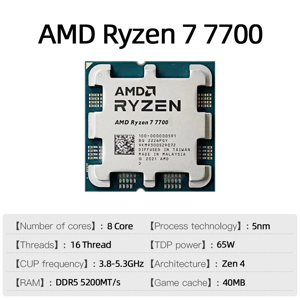 NEW AMD Ryzen 7 7700 R7 7700 4.5 GHz 8-Core 16-Thread CPU Processor 5NM L3=32M  Socket AM5  Sealed Without cooler